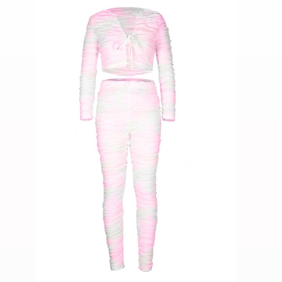 Pink and White Tye Dye Ruched Pants Suit π - Picture 2 of 5